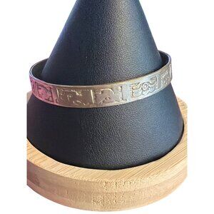 Vintage Taxco Mexico Silver Bangle Bracelet Aztec Inspired Motif Etched 7.5"